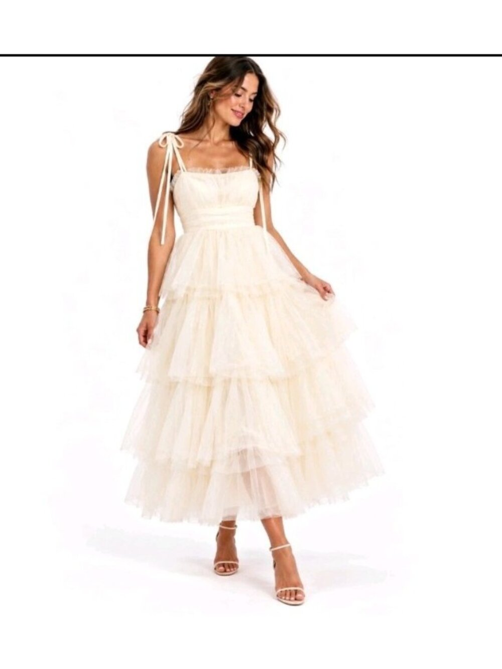Baltic Born Alora Tulle Tiered Maxi Dress Womens Medium Cream Bridal Whimsical